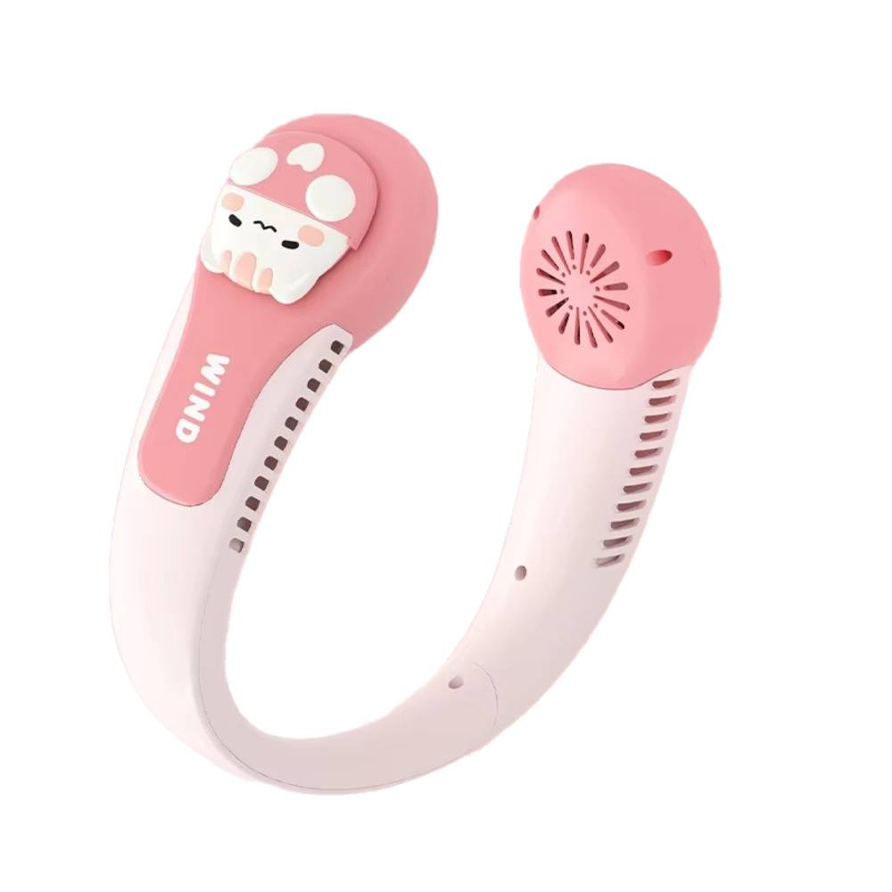 扇風機 ハンディファン アウトドア ネック 子供用 ファン 漫画 ポータブル USB充電 ハンギング リーフレス  ピンク