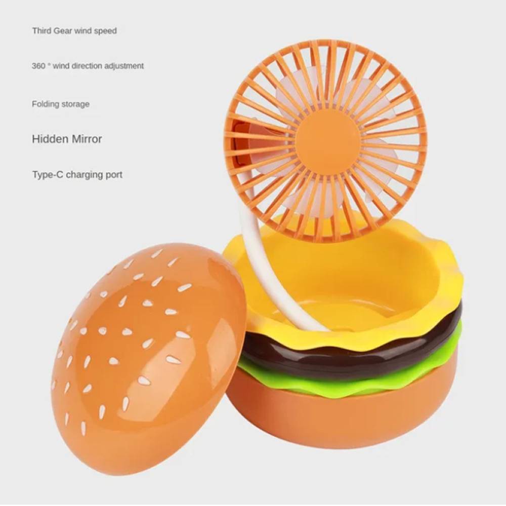夏 アウトドア 通学 ミラー付き 熱中症対策 扇風機 ハンバーガー ミニ扇風機 ハンディファン 