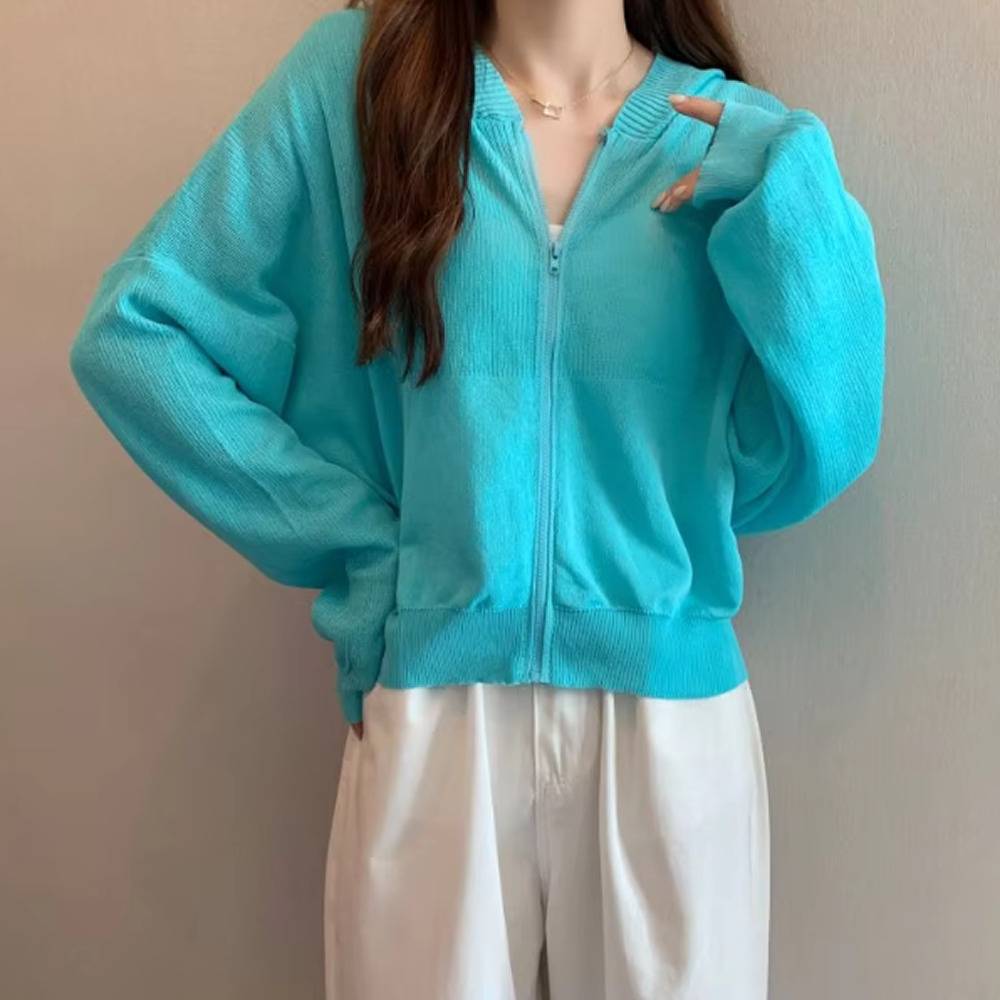 フード付き カーディガン 韓国 ジッパー クロップド丈 ショートトップス 長袖 無地 ブルー