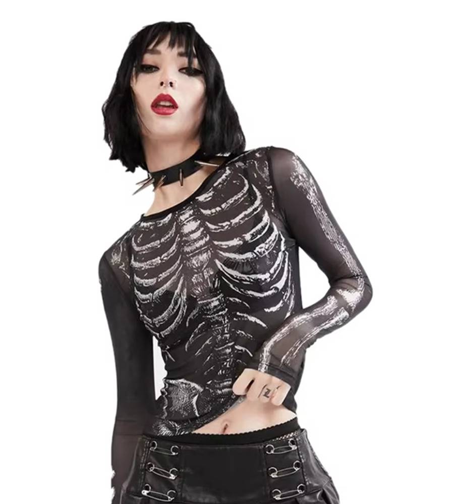 メッシュトップス 女性 スケルトン クロップトップ ラウンドネック 長袖 地雷系 原宿系 黒ｓ