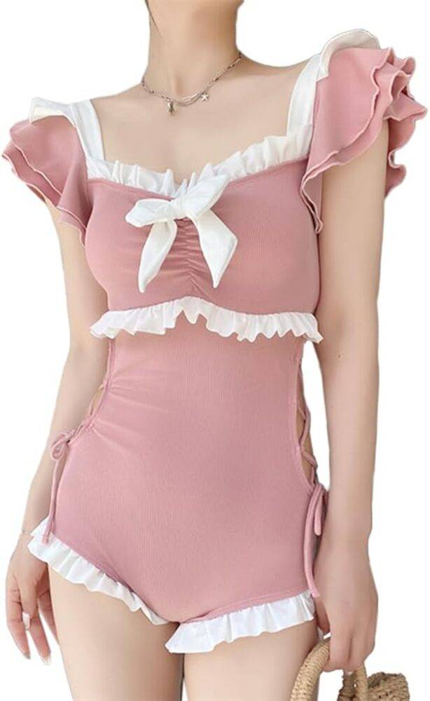水着 スイムウエア レディース ワンピース 袖付き 半袖 フリル 胸元リボン 量産  ピンクM