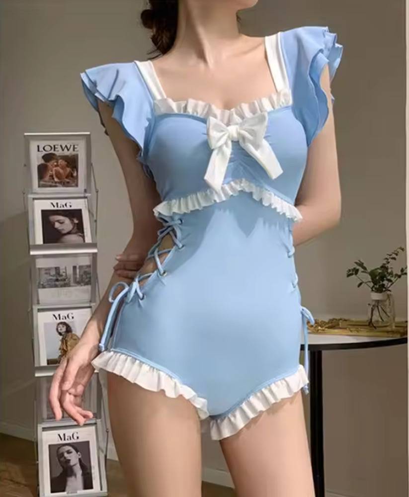 水着 スイムウエア レディース ワンピース 袖付き 半袖 フリル 胸元リボン かわいい 大人可  青M