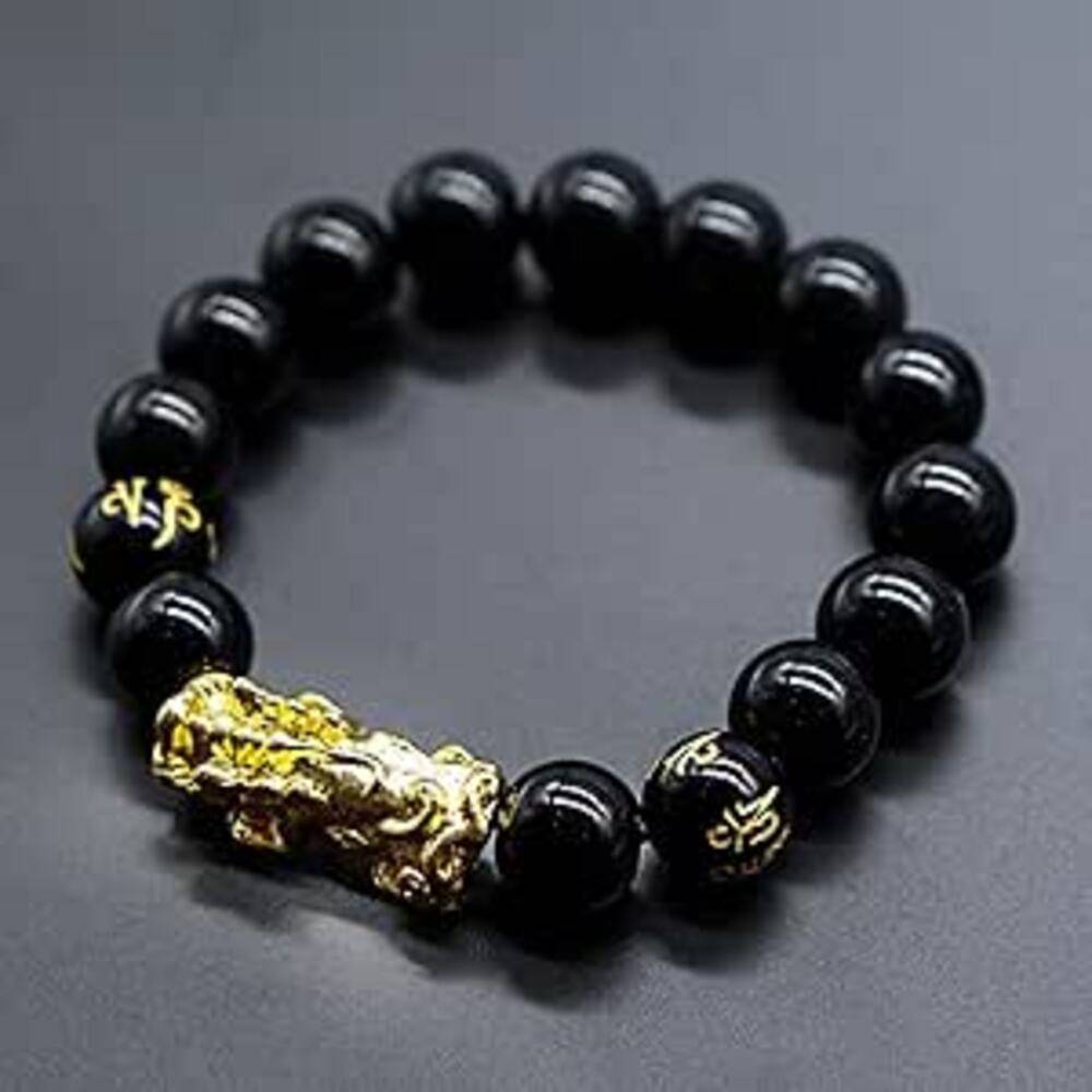 ブレスレット 風水 ブラック オニキス 黒曜石 フォーチュン 男女兼用 チャクラ 瞑想 ギフト プ  10mm