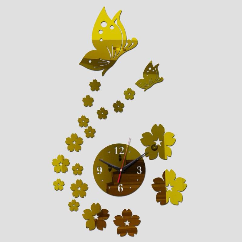 壁掛け時計 鏡面 ウォールクロック DIY 立体 花 蝶 モチーフ ゴールド インテリア ゴールド