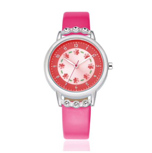 腕時計 子供 ガール かわいい 花柄 アナログウォッチ 女の子用 ピンク シリコンベルト ローズ