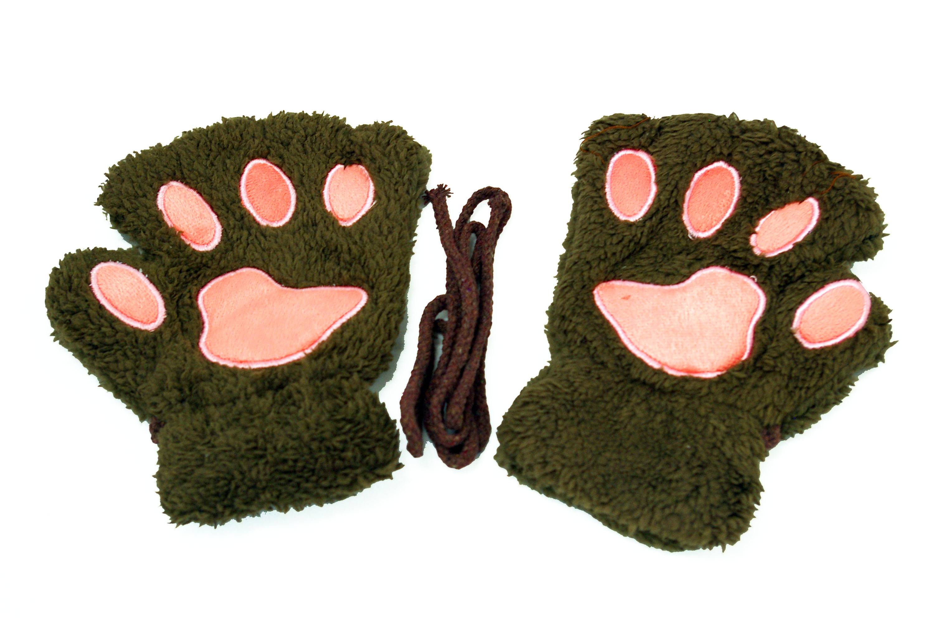 手袋 レディース 指なし スマホ対応 猫の手 肉球 かわいい グローブ アニマル ブラウン