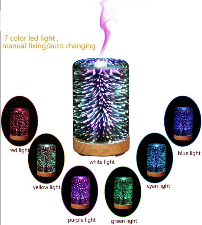 加湿器 卓上 アロマディフューザー 7色 LEDライト 3D 静音 リラックス おうち時間 テー  100ml