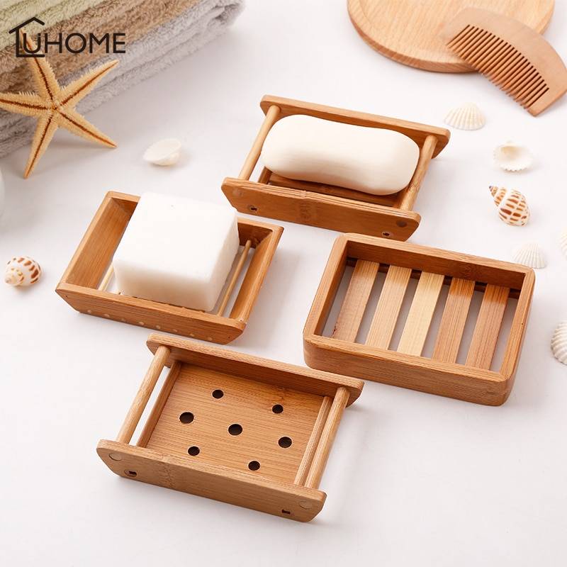 竹製 ソープディッシュ スロット付き ソープホルダー バスルーム 石鹸トレイ 洗面所 キッチン C