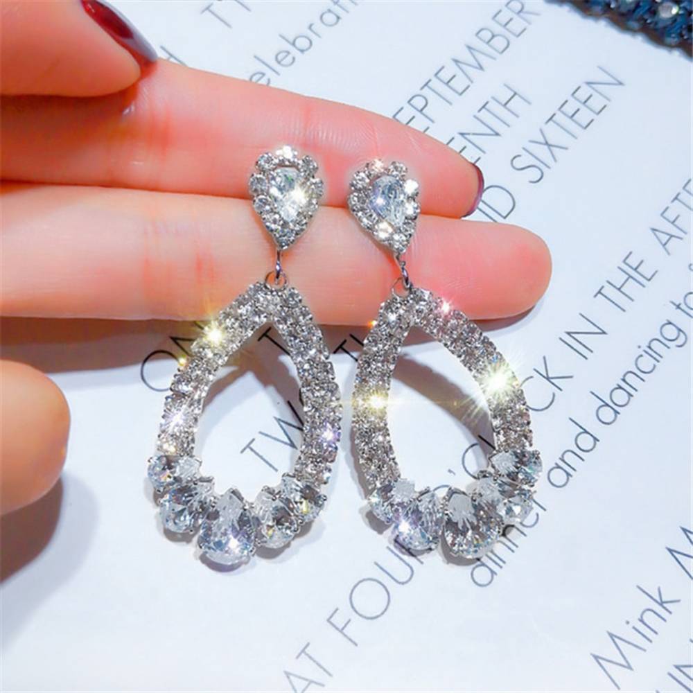 925 sterling silver rhinestone drop earrings, circle-shaped crystal, Korean style, accessories, Silver Drop.｜Silver Drop - 画像2