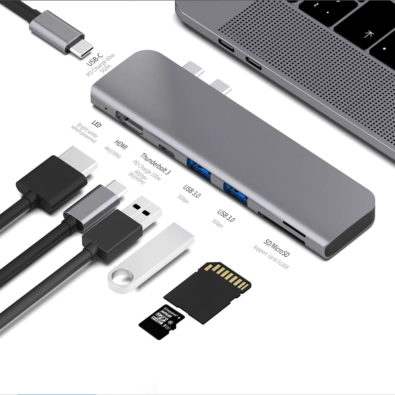 macbook USB Type-C HUB 高速データ USB3.0X2ポート Type C拡張 マルチポート搭載 USB3.0高速ハブ アダプター USB コンパクト 薄型 軽便アダプター SD カード / Microカードリーダー付き グレー