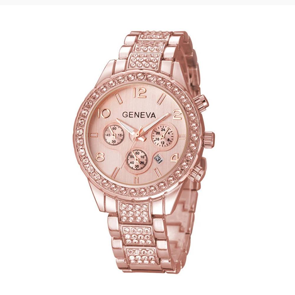 腕時計 レディース ラグジュアリー ゴージャス ユニセックス クリスタル クロノグラフ風 ローズゴールド