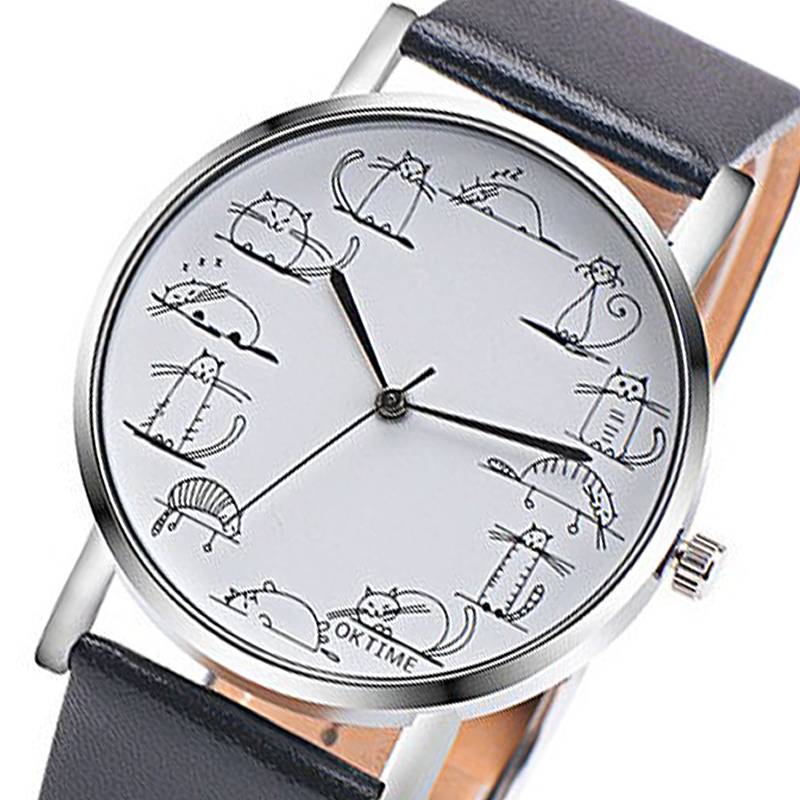 腕時計 猫 ネコ 絵 かわいい レディース カジュアル時計 革バンド  黒｜黒 - 画像2