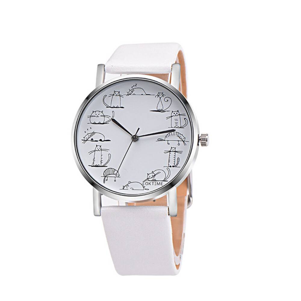 Women's watch, cute cat watch, women's casual analog watch with leather strap, quartz watch, children's watch, white｜White - 画像2