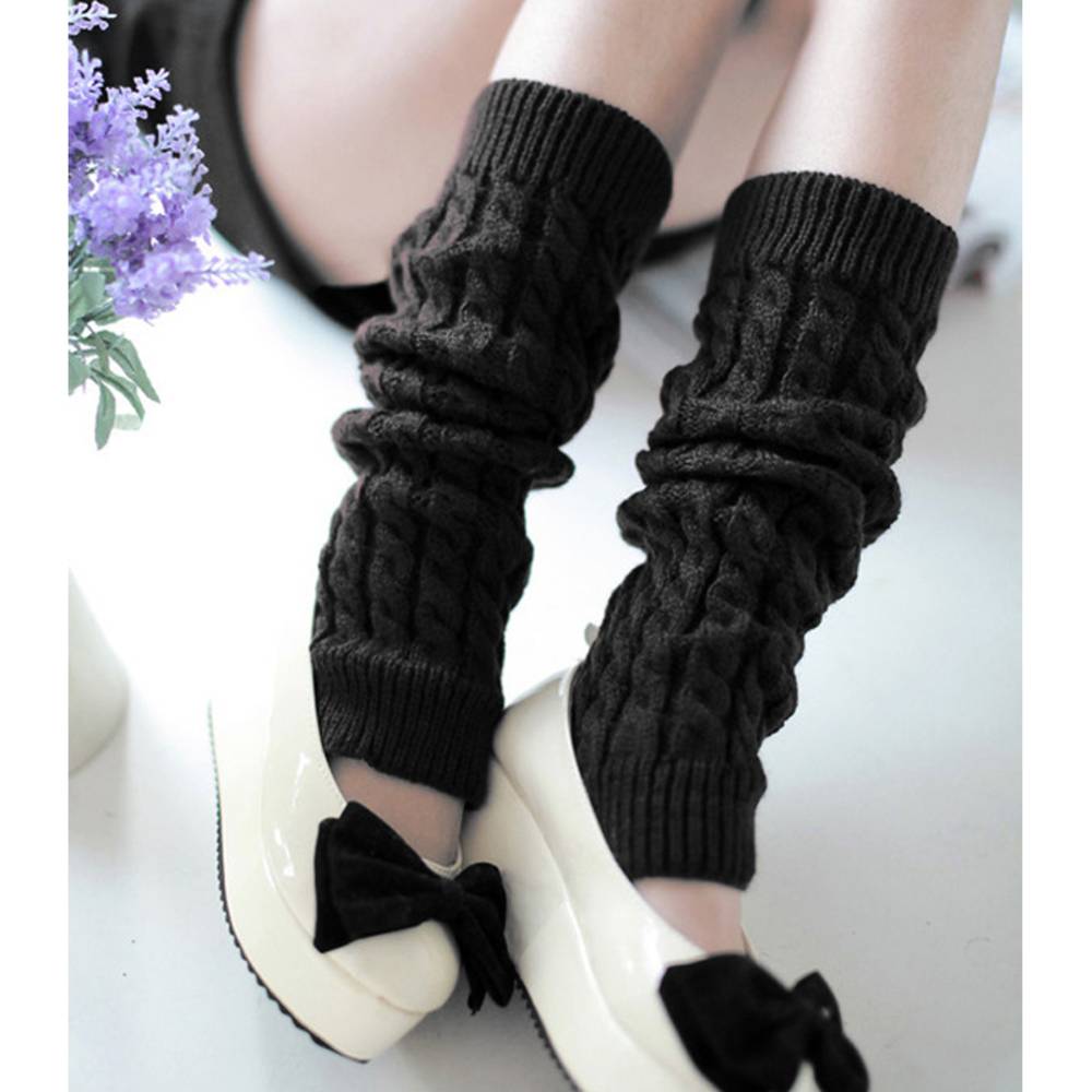 レッグウォーマー ニット ロング丈 ケーブル編み 暖かい 秋冬 可愛い 防寒 冷え  ブラック