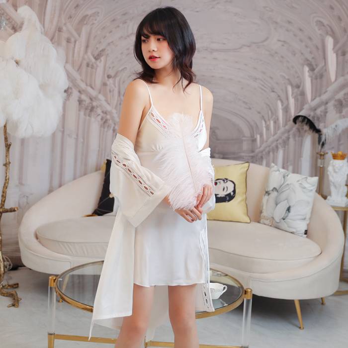 Lounge wear, baby doll nightgown, sexy camisole, long cardigan, silk, white, M｜White, Medium - 画像2