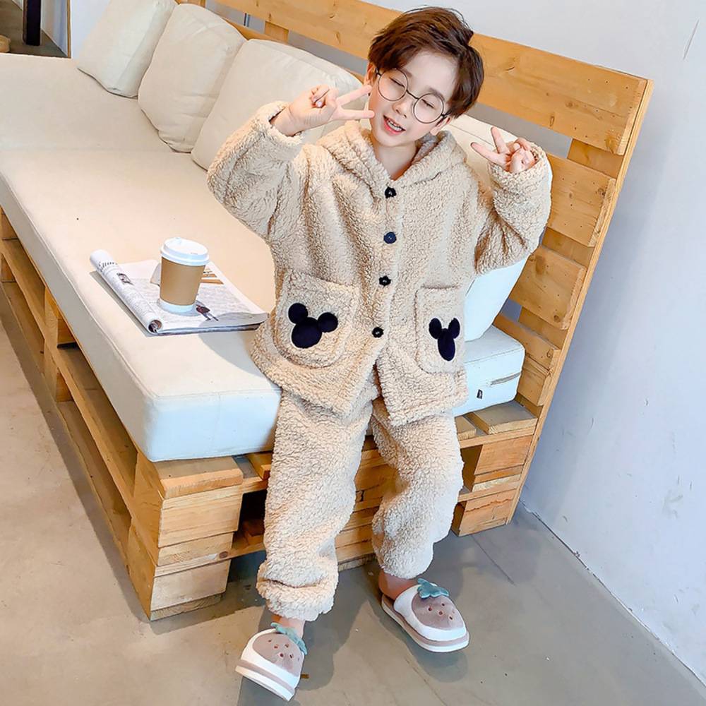 Kids' Loungewear Pajamas Set, Cute Bear Ears, Hooded, Winter, Warm, 120cm｜120cm - 画像3