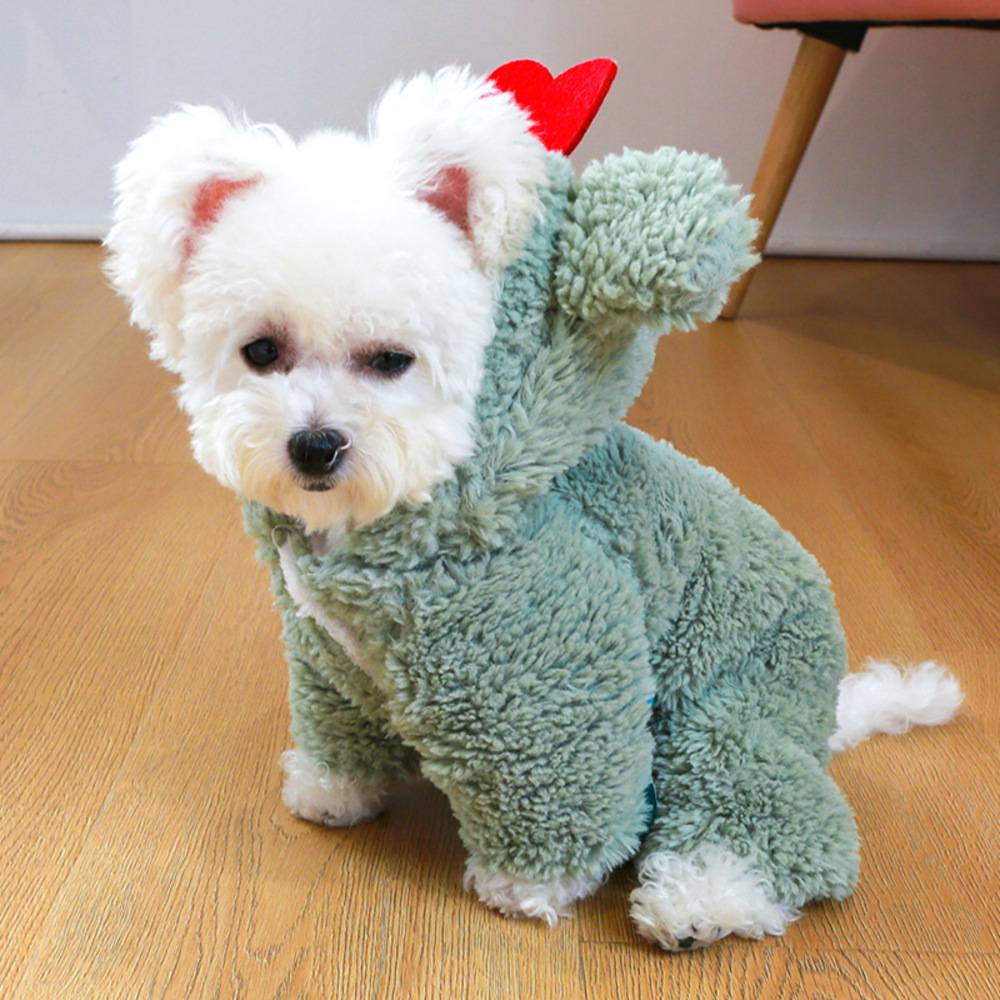 犬 服 秋冬 ボア パーカー くま耳 フード おしゃれ もこもこ ハート ペット用 防寒 可愛い 緑-M