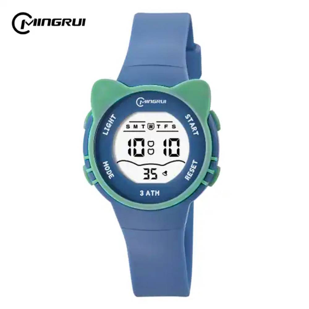 キッズ 子ども用 腕時計 デジタル シリコン 多機能 猫耳 光る ストップウォッチ 生活防水  青