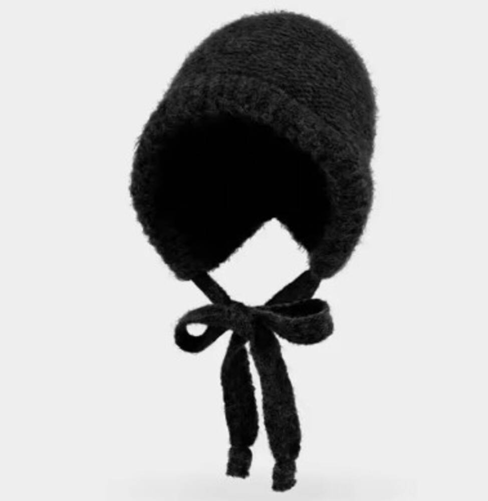 ニットビーニーキャップ ストラップ付 帽子 かわいい バラクラバ もこもこ ブラック
