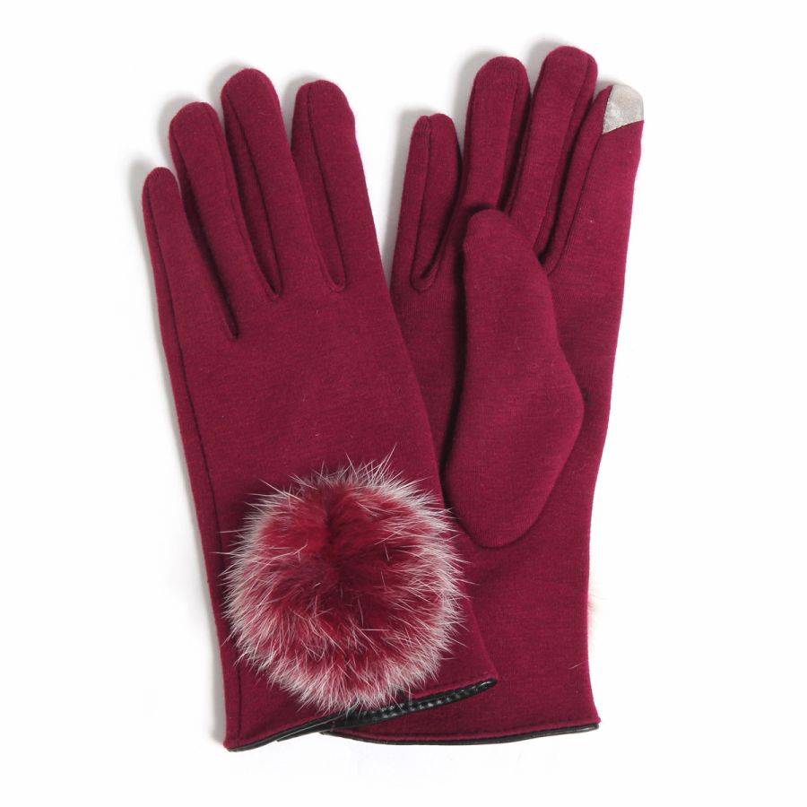 レディース 手袋スマホ対応 ラビットファーボール付グローブ レディース 手袋 グローブ 裏起毛 ワイン