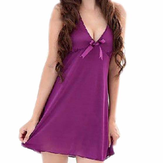 ベビードール セクシーランジェリー 下着 レディース ランジェリー サテン ワンピース 紫 パープル セクシー シンプル リボン 1066