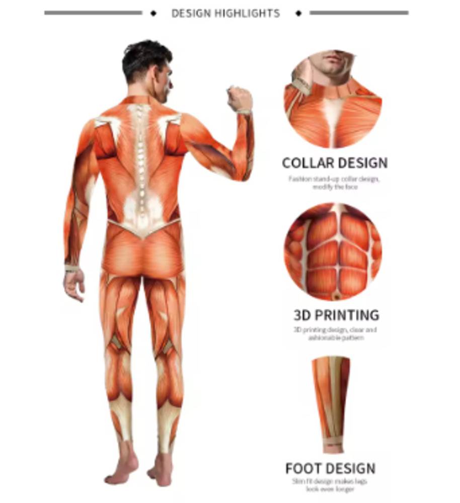 筋肉スーツ コスプレ  全身タイツ  進撃 巨人 3D印刷 コスチューム ハロウィン 内蔵 解剖学 メンズ 男性 アニメ 漫画 おもしろ| M