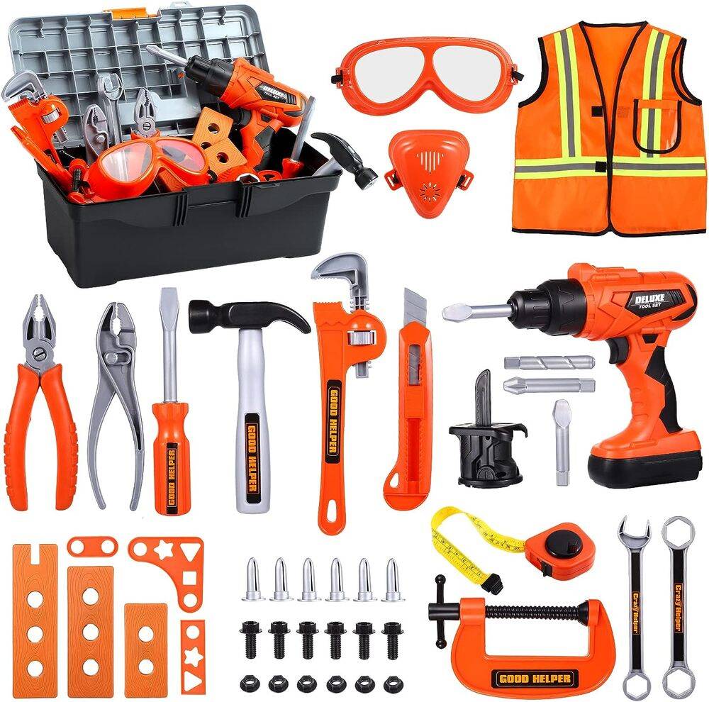 セット ボックス ツール バー ドリル 子供用 電子 おもちゃ 組み立て 男の子 椅子 タブレット エプロ 